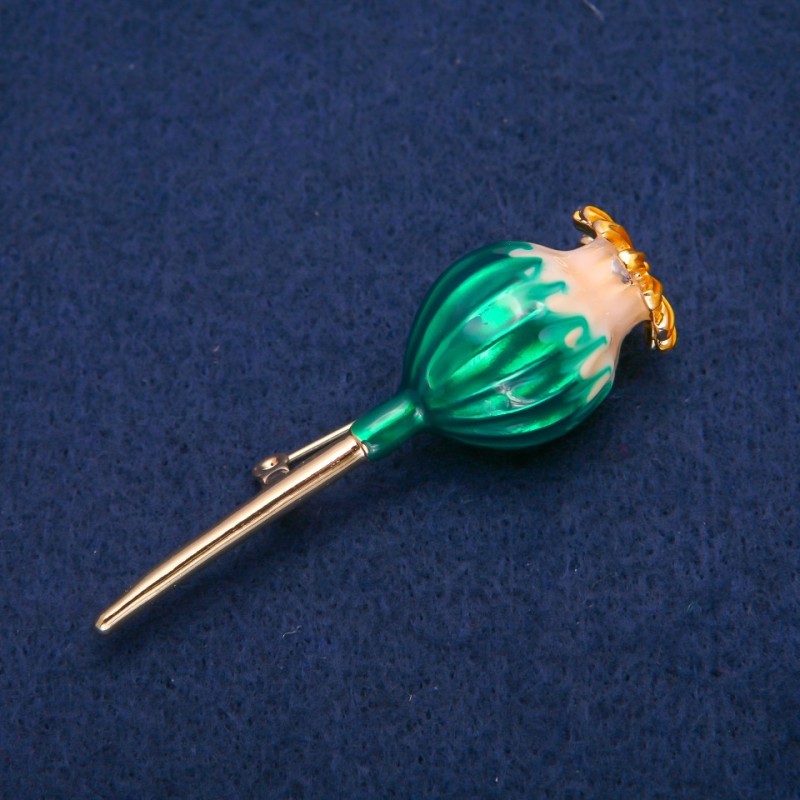Makovey Brooch, green enamel, gold-tone metal, 20x65mm