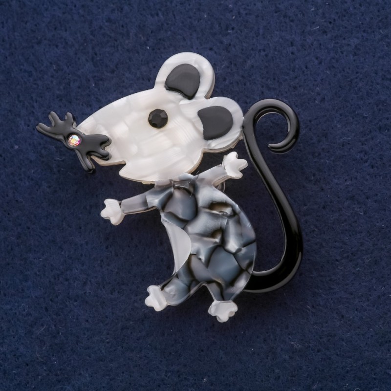 Brooch 'Mouse from Mother-of-Pearl' 52x48 mm Gray Metal