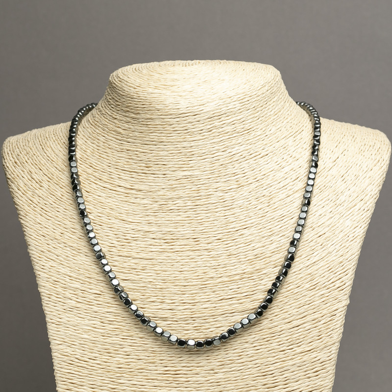 Hematite natural stone necklace, smooth cube beads, 4×4 mm diameter, length 45 cm ± (without clasp)