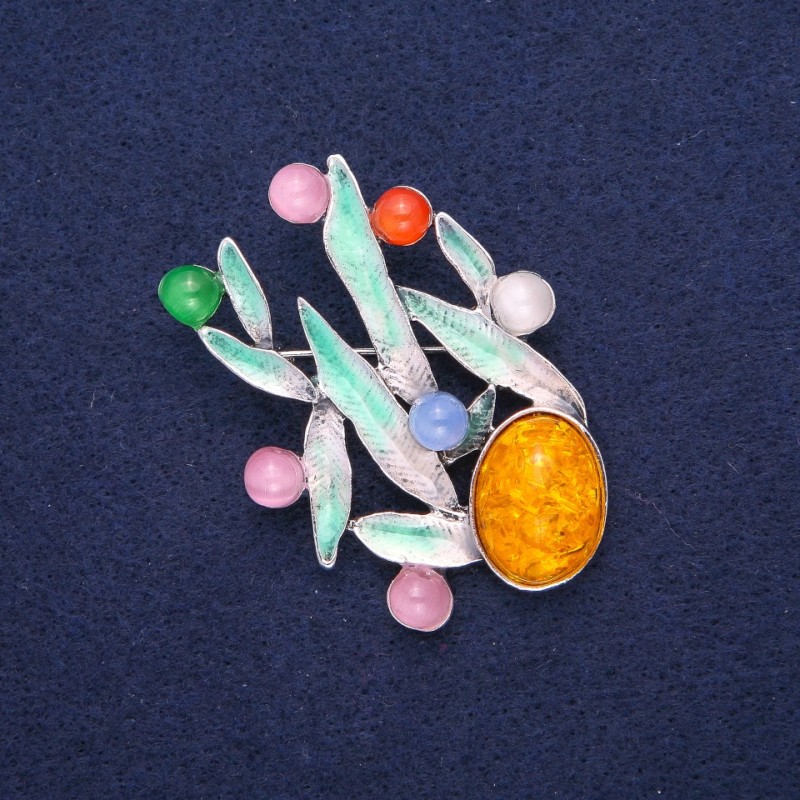 Brooch Leaves Amber and Cat's Eye (synthetic) with Green Enamel, Silver-Toned Metal 38×53 mm