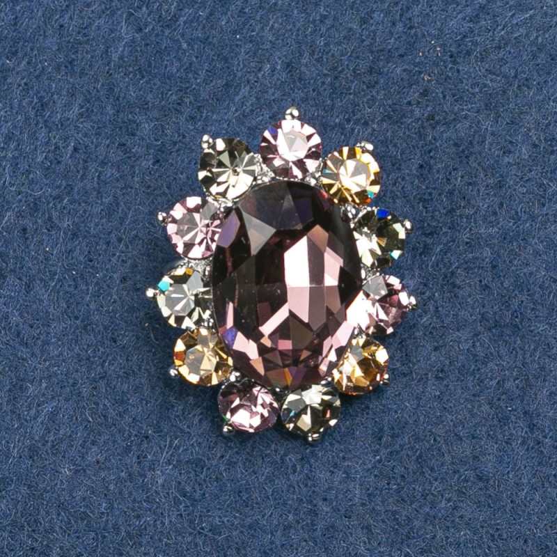 Accent Brooch with Marquise Stone in Lilac and Yellow, 30x24 mm, Silver-Toned Metal