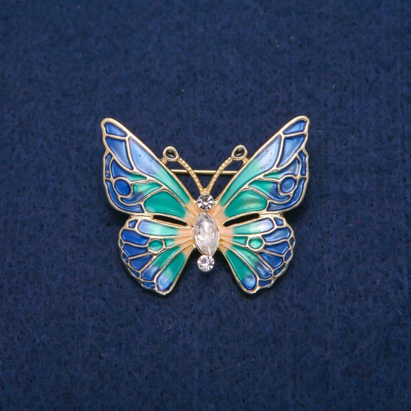 Butterfly Brooch with white crystals and multicolored enamel, gold-tone metal 31x37 mm