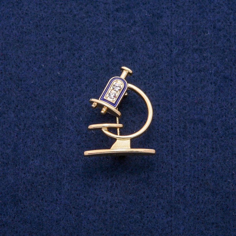 Microscope Brooch with Enamel and Crystals 24×31 mm, Golden Metal