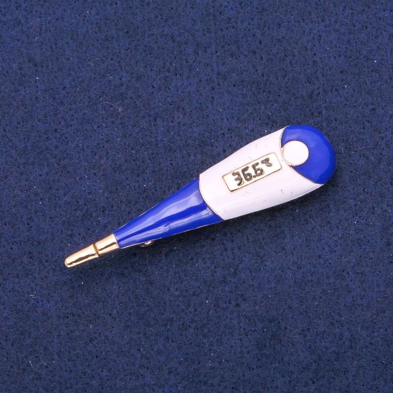 Brooch-pendant 'Thermometer' blue and white enamel, gold-tone metal 15×58 mm
