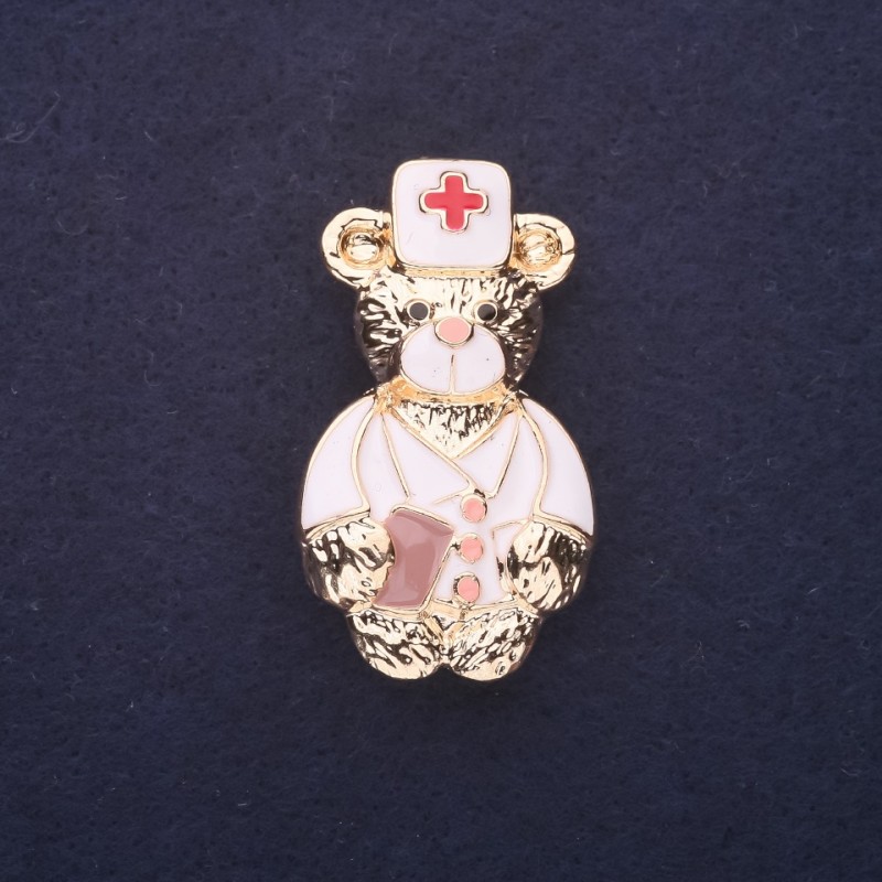 Bear Doctor Brooch Enamel White-Red