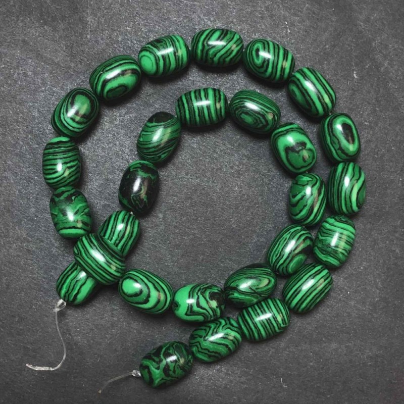 Malachite Beads on a Thread (Pressed), Diameter 10×14 mm, Length 39 cm