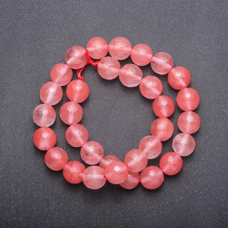 Pink chalcedony beads, natural stone, on thread, faceted ball beads, diameter 12 mm (±), length 37 cm