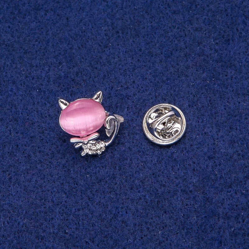 Kitty Brooch with Cat's Eye Cabochon and Crystals 16×17 mm, Silver-Toned Metal