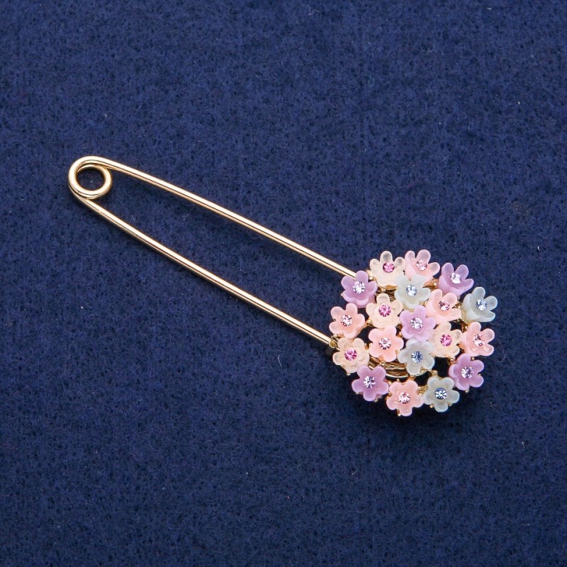 Brooch Pin Hydrangea multicolored crystals 29×78 mm, gold-tone metal