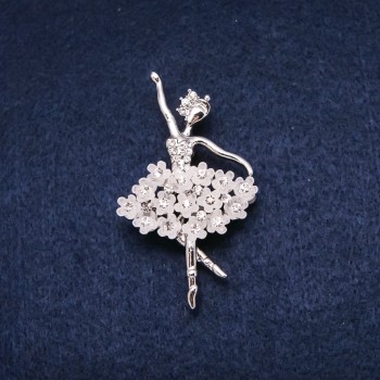 Brooch 'Ballerina' 34x55mm, crystals, white color, silver-tone metal