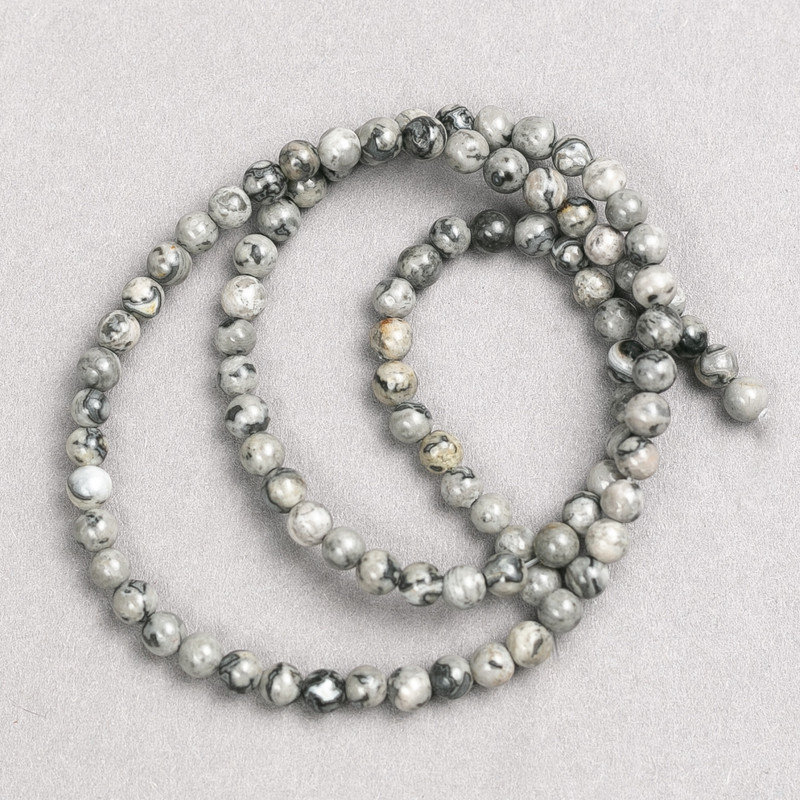 Gray Ocean Jasper Beads on Beading Thread, Smooth Round, 4mm Diameter, 38cm+ Length