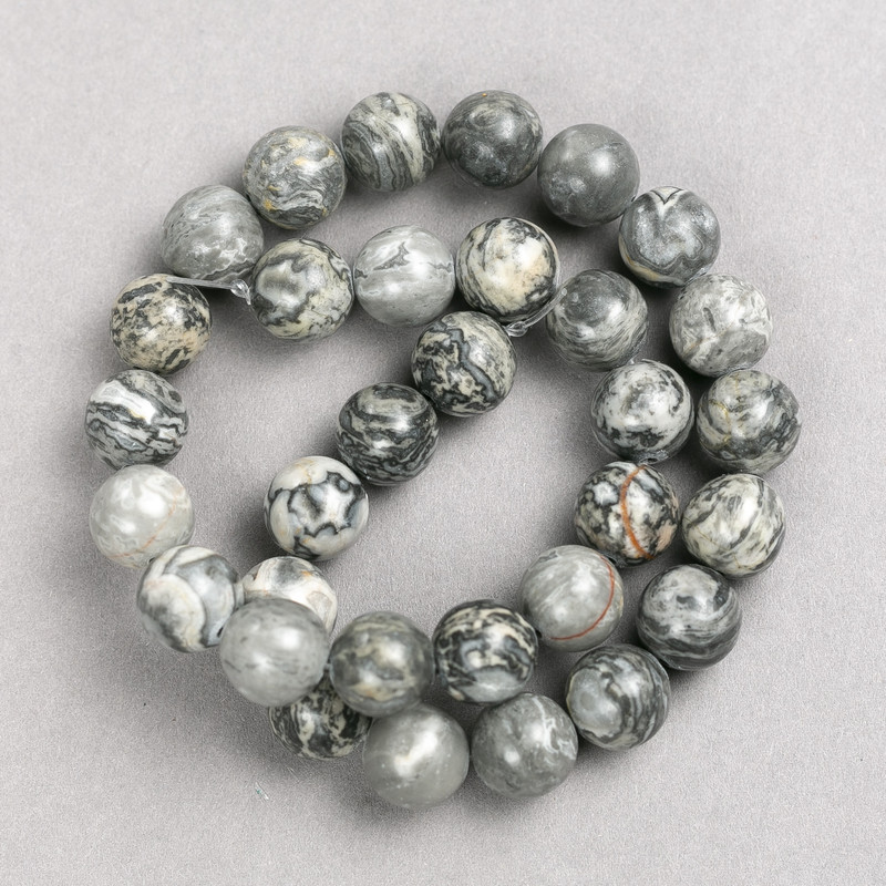 Ocean Jasper Gray Seed Beads on Thread, Smooth Round Beads, 12mm Diameter, 38cm Length+