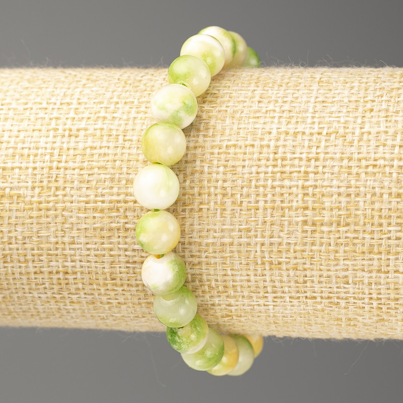 Bracelet with green, yellow and white ocean nephrite-inspired acrylic beads, 8 mm diameter, 18 cm length, smooth beads on elastic cord