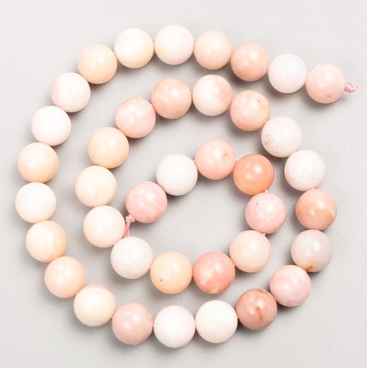 Beads on thread, natural stone, Pink Opal, smooth spheres, 10 mm diameter, 38 cm length +