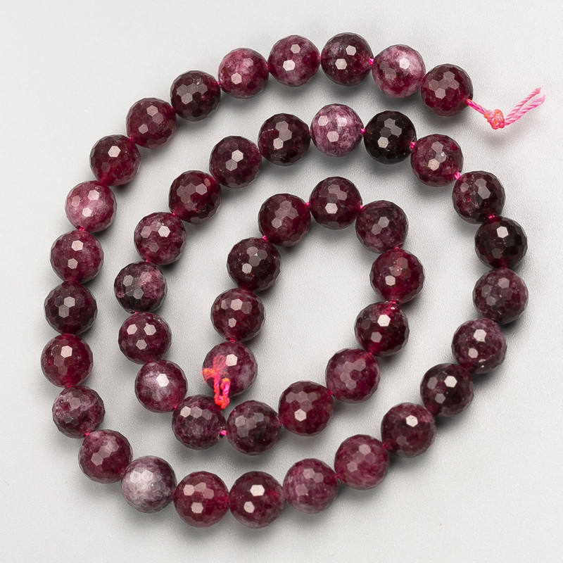 Natural Stone Beads: Rubellite Tourmaline, Faceted Round Bead on Thread, 8 mm Diameter ±, Length 38 cm ±