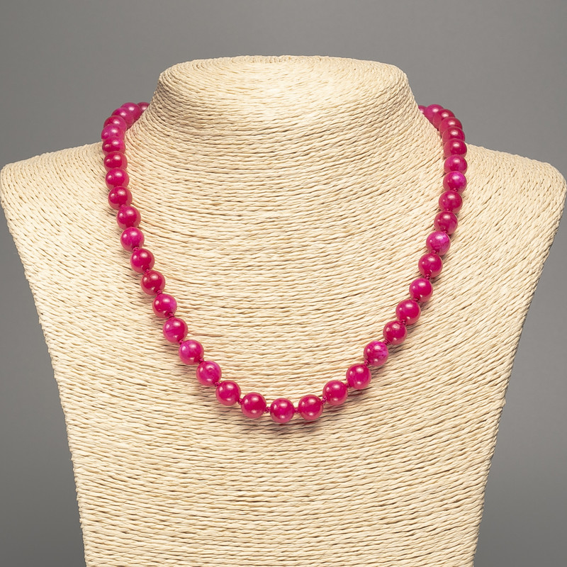 Raspberry 'Tourmaline' Smooth Bead Necklace, 8 mm diameter, 50 cm length, made from white nephrite (synthetically dyed)