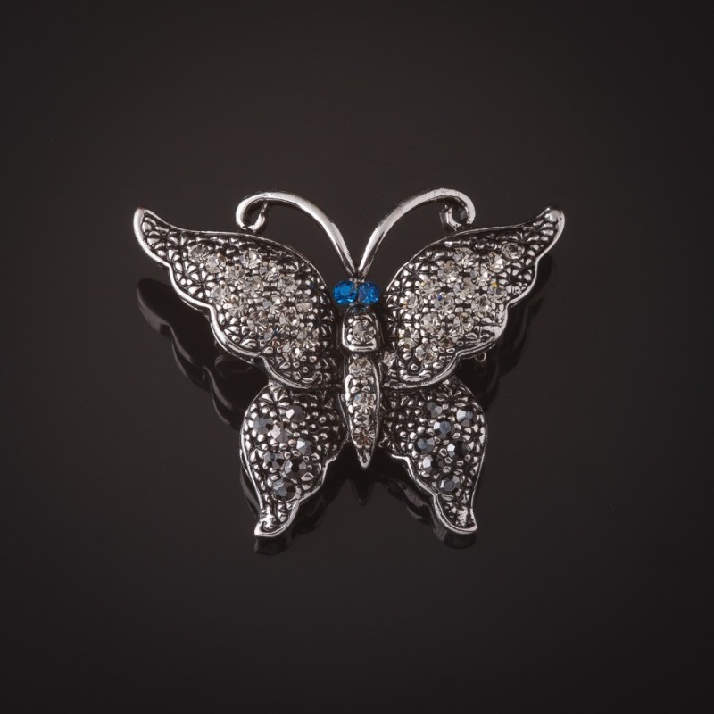 Silvery Butterfly Brooch with Gray Stones and Blue Eyes, 3 cm