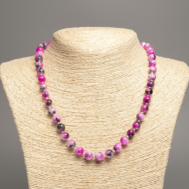 Necklace 'Colors of Summer' white, gray, and raspberry smooth beads, 8 mm diameter, approx. 50 cm long, from white nephrite (synthetic dyed)