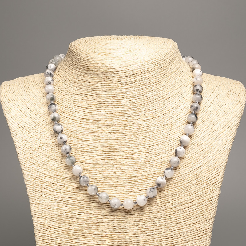 Necklace 'Colors of Summer' white-gray smooth beads, 8 mm diameter, 50 cm length, made of white nephrite stone (synthetic dyed)