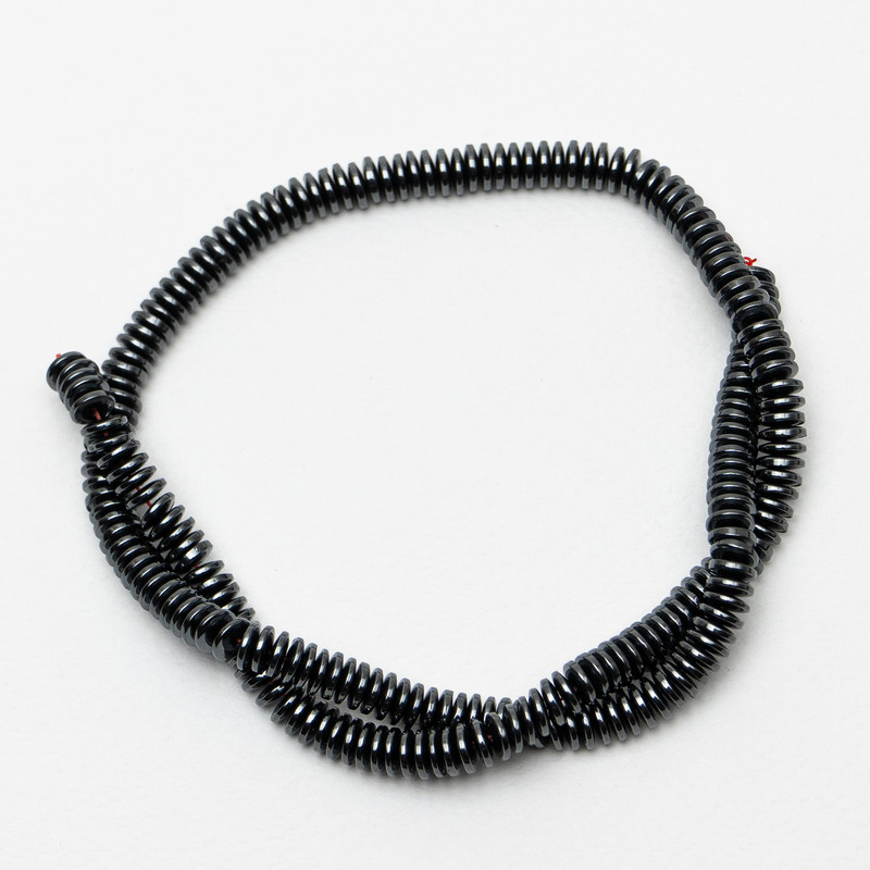 Hematite beads, smooth rondel, 6x2 mm, 38 cm on beading thread