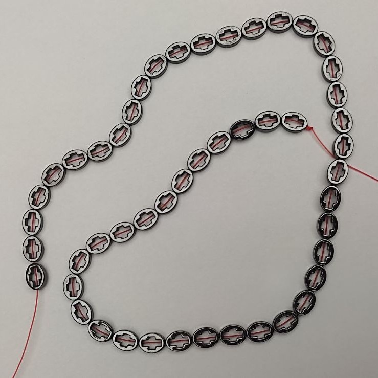 Hematite Beads Cross, 6x8 mm, 39 cm length +/- on thread