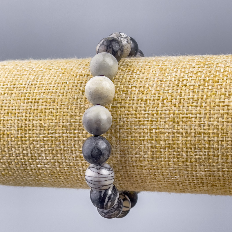Picasso Gray Jasper Bracelet - Gray (Synthetic Acrylic) Smooth Beads, 10mm Diameter, 18 cm Length (Stretch)