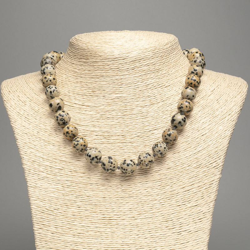 Necklace Dalmatian Jasper (synthetic acrylic) smooth beads, diameter 12.5 mm, length 48 cm ±