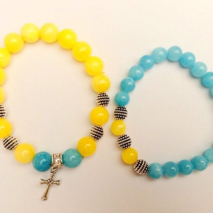 Bracelet "Ukraine" paired set for two, Aquamarine and Citrine (synthetic acrylic) smooth beads with silver-tone inserts on elastic, length 18 cm+