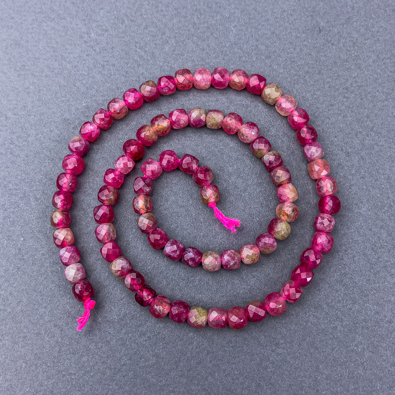 Polychromatic Tourmaline Beads - Faceted Cube on Thread, 5x5 mm Diameter, 38 cm Length