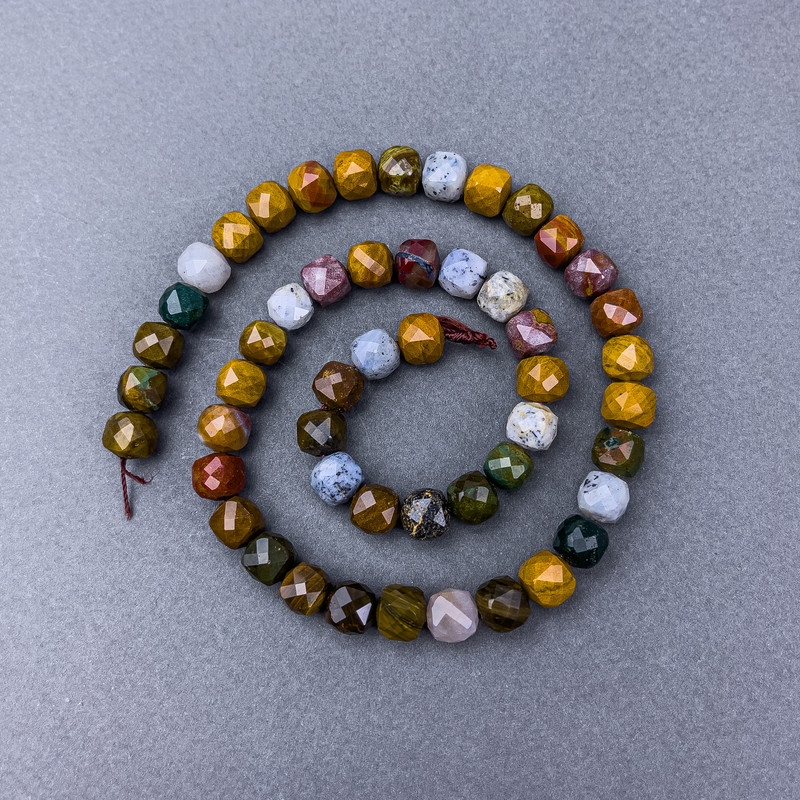 Jasper Beads, Natural Stone, Faceted Cube on a String, Diameter 7.5 mm, Length 38 cm