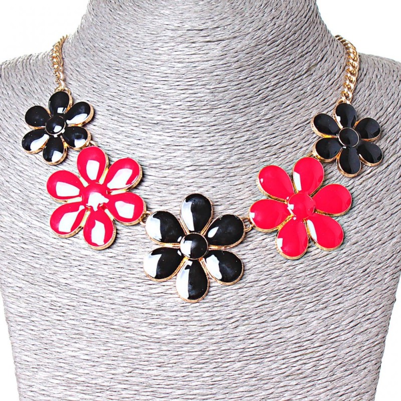 Necklace 'Daisies' gold-tone metal with red and black gloss (30×40 mm)