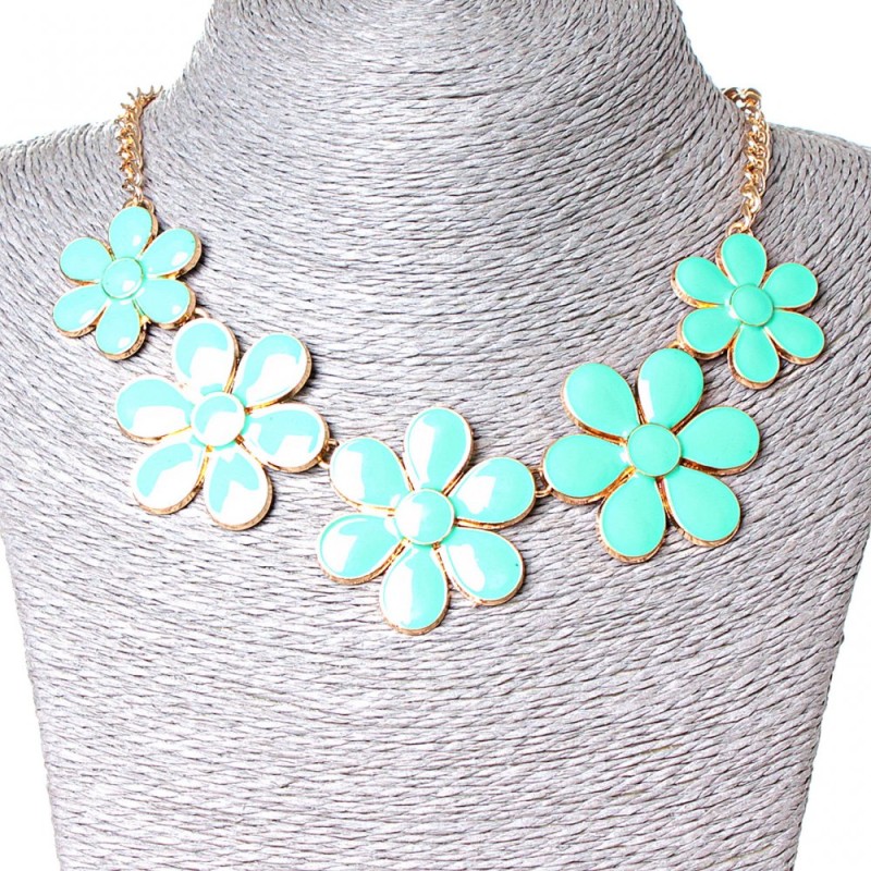 Daisy Necklace, Gold-tone Metal, Glossy Aquamarine (30×40 mm)