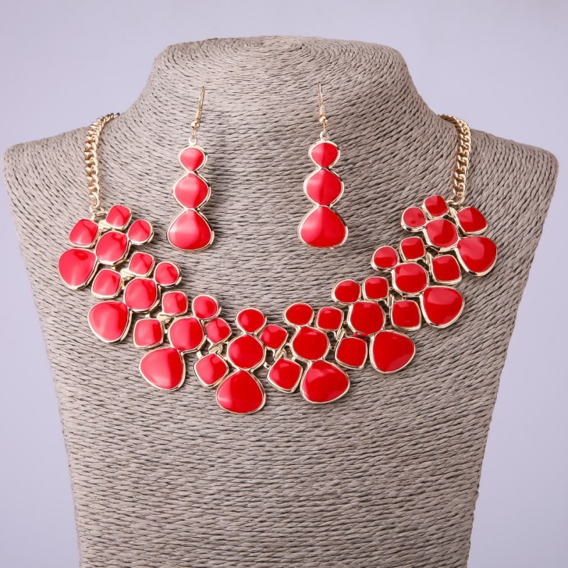 Red Enamel Necklace and Earrings Set, length 46–52 cm