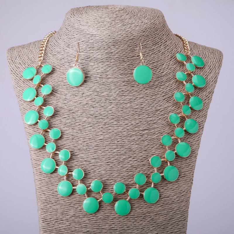 Green Enamel Necklace and Earrings Set, Length 57–64 cm