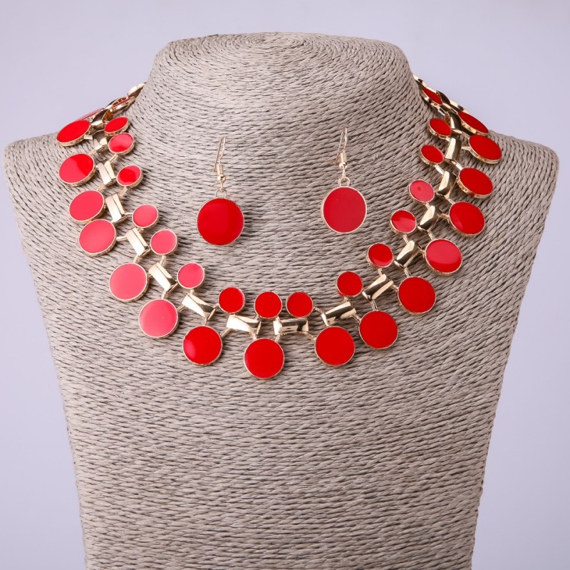 Set: 'Gate' Necklace and Earrings with Red Enamel, 45 cm long