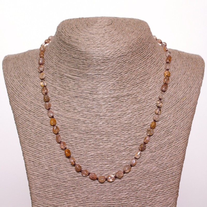 Bead necklace of natural quartz stone 'Hairy' oval 'galvanization' 'Milk Chocolate', diameter 6 mm (±), length 50 cm