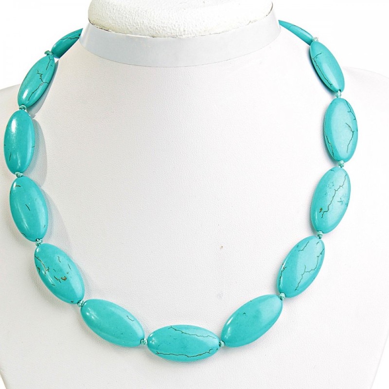 Green turquoise necklace with veins (artificial) oval 15×30 mm, length 50 cm