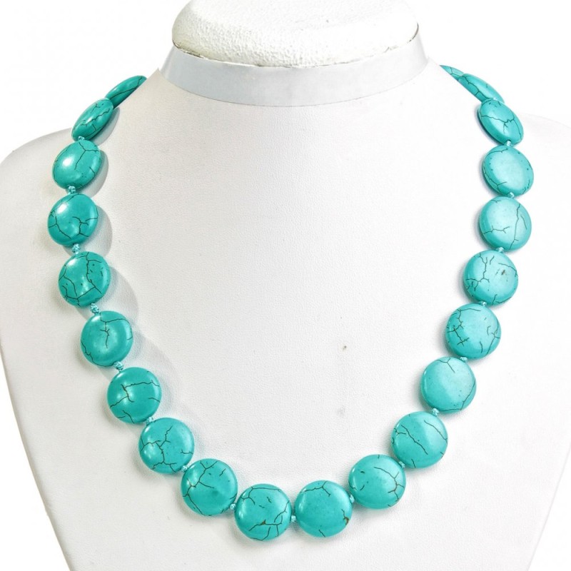 Turquoise beads with veining, coin-shaped 20mm, length 49 cm