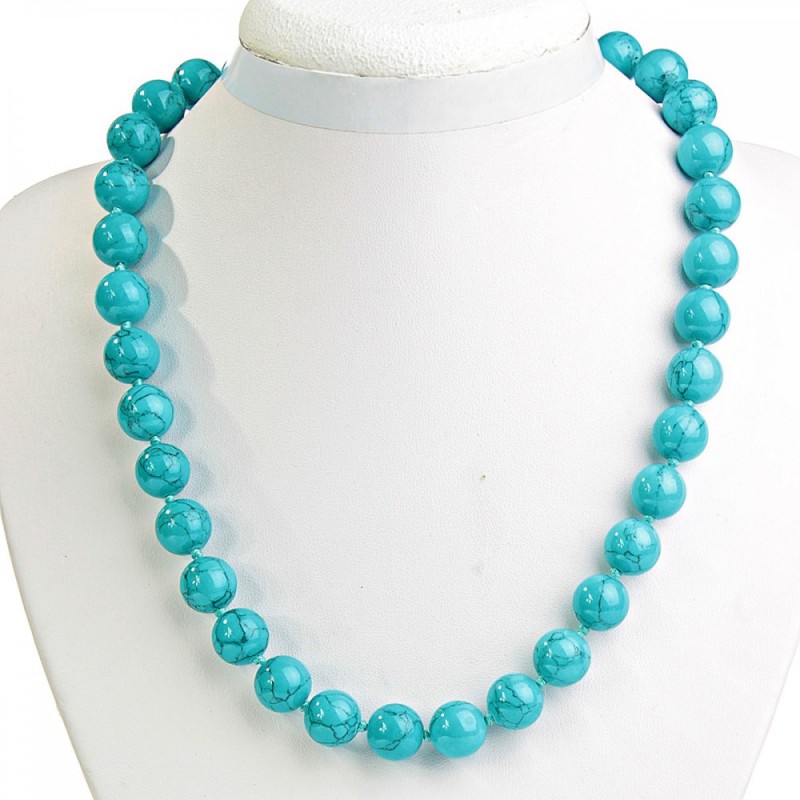 Blue Turquoise Veined Necklace (Synthetic) Round Bead 12 mm, length 50 cm