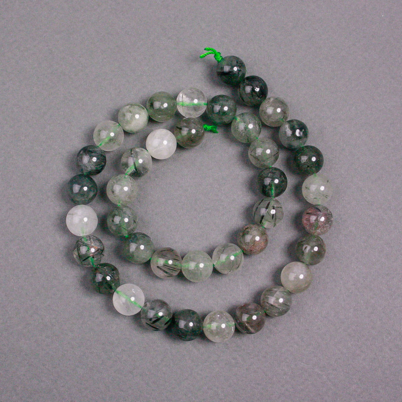 Beads on thread – Rutilated Quartz natural stone, smooth round beads, 10 mm diameter, 39 cm length