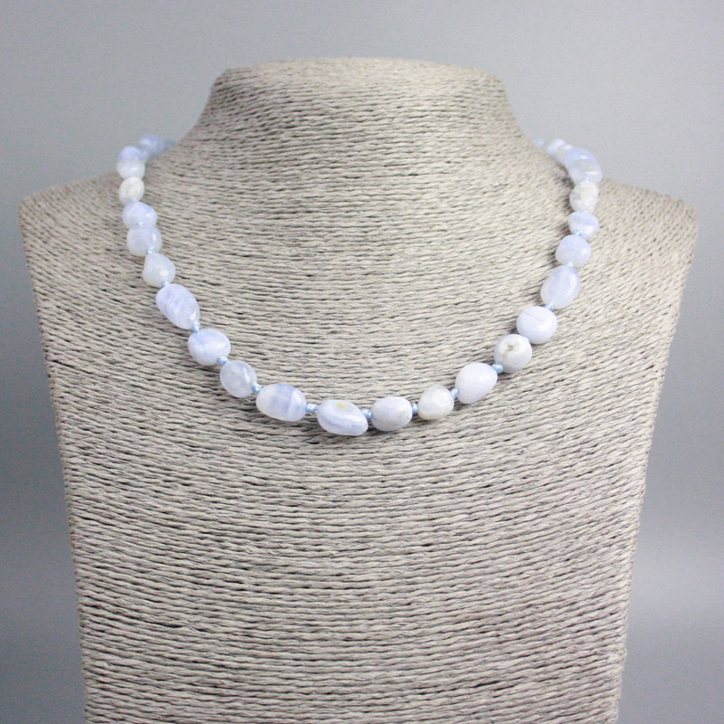 Blue agate and chalcedony necklace, natural stone, tumbled beads, diameters 12×9–8×7 mm ±, length 48 cm ±