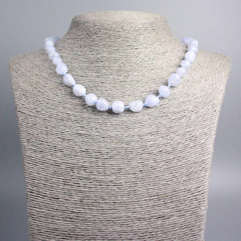 Blue Agate and Chalcedony Necklace, Natural Stone, Tumbled Beads, 11x8 mm ±, 46 cm ±