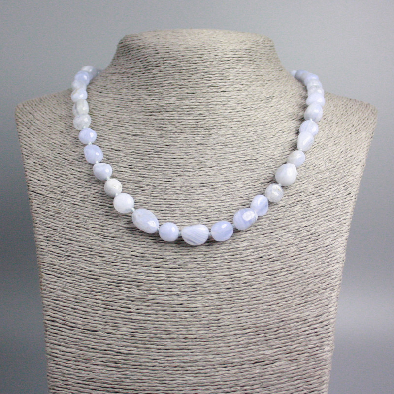 Blue Agate and Chalcedony Necklace — natural stone, tumbled beads, diameter 14×9–8×7 mm, length 47 cm
