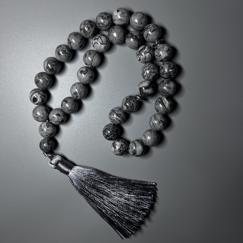 Gray Ocean Jasper prayer beads (synthetic acrylic) smooth beads, 12 mm diameter, 33 beads, with metal inserts