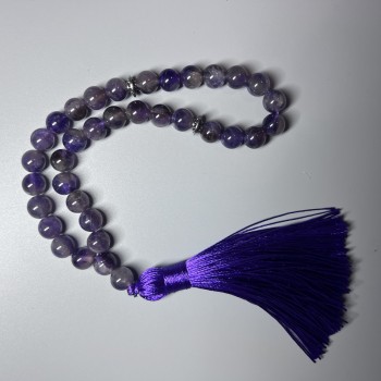 Amethyst prayer beads, natural stone, smooth round beads, 8 mm diameter, 33 beads, with metal inlays