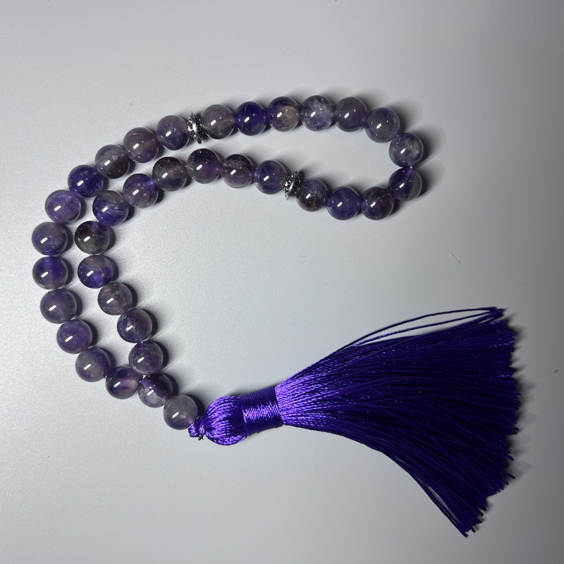 Amethyst prayer beads, natural stone, smooth round beads, 8 mm diameter, 33 beads, with metal inlays