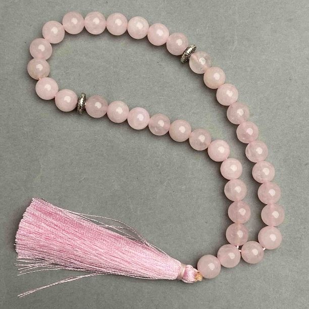 Rose Quartz Prayer Beads, Natural Stone, Smooth Beads, 8 mm Diameter, 33 Beads, with Metal Inlays
