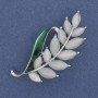 Brooch Sprig with White Cat's Eye, Green Enamel, Gold-Tone Metal 22x47mm