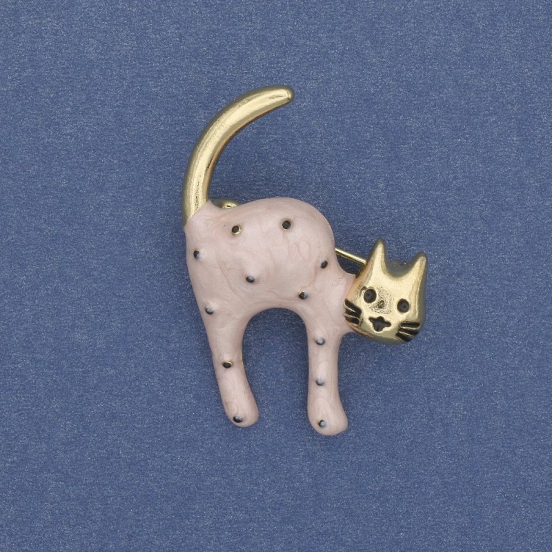 Cat Brooch with pink and black mother-of-pearl, gold-tone metal 28×37mm