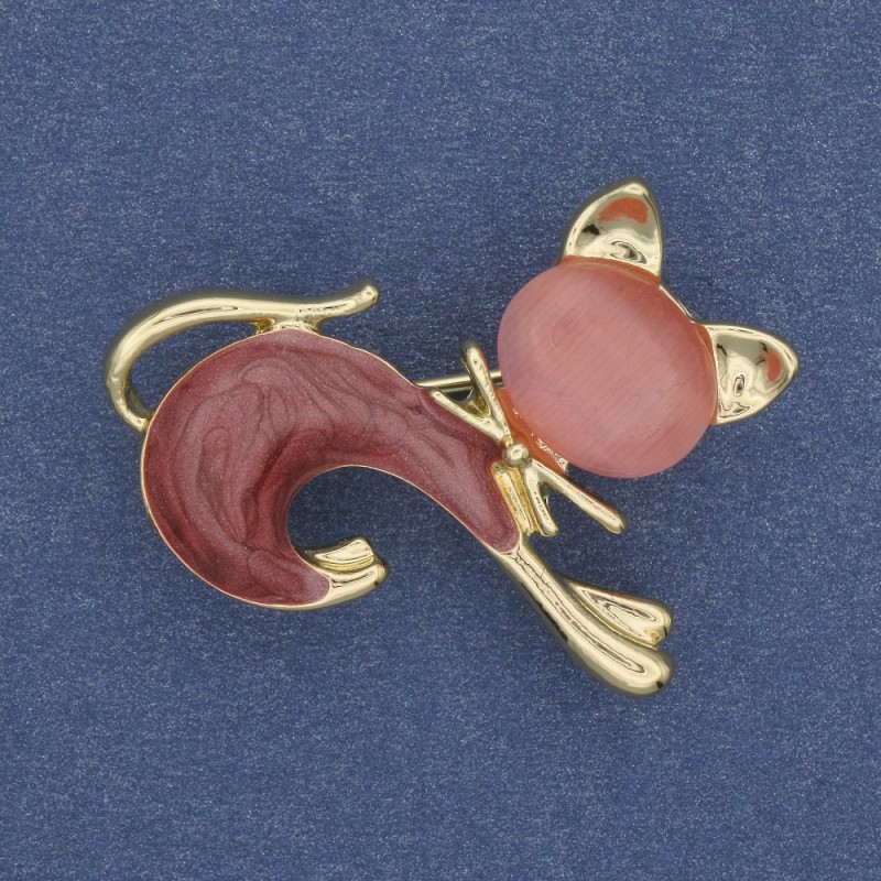 Brooch 'Kitty' with Pink Cat's Eye, Pink Mother-of-Pearl, Gold-Tone Metal 28x23mm